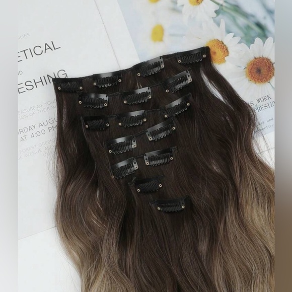 22 Inch Balayage Brown & Blonde Clip in Curly Hair Extensions - Human hair Blend - Picture 6 of 11